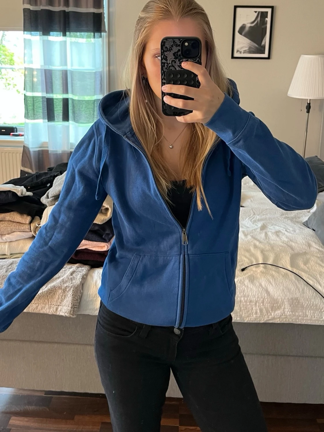 Blå zip hoodie med huva