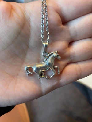 Silverfärgat hästhalsband - Snyggt halsband med ett detaljerat häst-hänge i silverfärgad metall. Kedjan är tunn och har ovala länkar som ger ett stilrent intryck. Perfekt för dig som gillar hästar eller vill ha ett unikt smycke med djurmotiv.