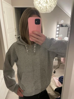 Grå hoodie - Jättefin grå hoodie från gina tricot med två snören där det står ”ma chérie” och en fick där fram. Hoodien kommer aldrig till användning och den är nästan aldrig använd, inga tecken på användning. 
