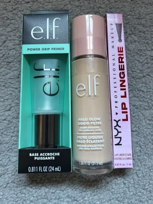 Elf power grip primer & Elf halo glow liquid filter & nyx lip lingerie lip liner stain - Helt nya & oöppnade! Sänker inte pris, kostar 620kr i butik :) 