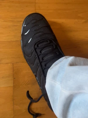 Nike Air Max Plus helsvarta sneakers - Säljer ett par helsvarta Nike Air Max Plus sneakers med vågigt mönster och synlig Air Max-sula. Skorna har mesh- och syntetmaterial, klassisk Nike-logga på sidan och svarta snören. Perfekta för dig som gillar en clean och sportig look.