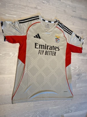 Benfica fotbollströja Adidas grå/röd - Snygg Benfica fotbollströja från Adidas i ljusgrått med röda sidopaneler och svarta detaljer. Tröjan har klubbmärke, sponsortryck och tre svarta ränder på axlarna. Tillverkad i lätt och ventilerande material, perfekt för träning eller match.
