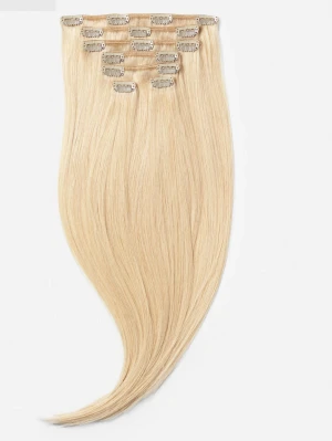 Blondt clip-on löshår extensions - Rapunzel of Sweden - Snygga blonda clip-on löshår extensions med flera sektioner och metallclips för enkel applicering. Rapunzel of Sweden färgen-Honey Blonde. Se bild 4 där håret är i satt. Håret har tecken på slitage och användning men ändå i gott skick. Skickas omgående. Köpt för 1500kr