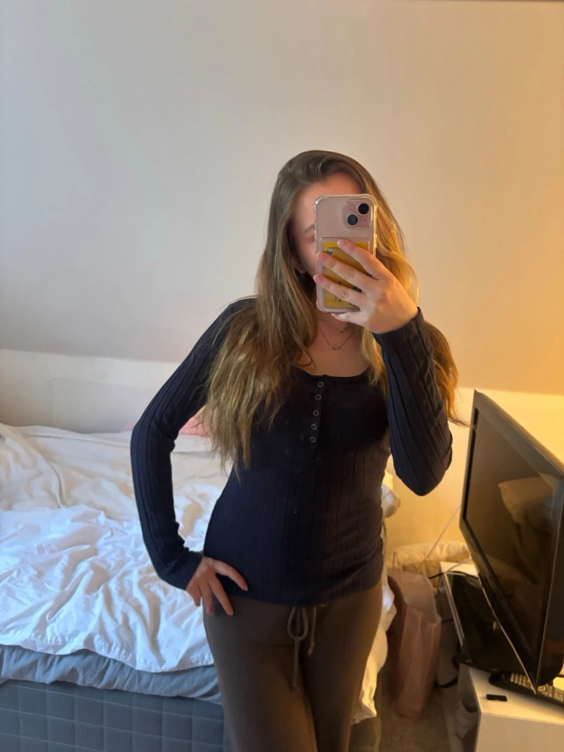 Mörkblå ribbad långärmad topp