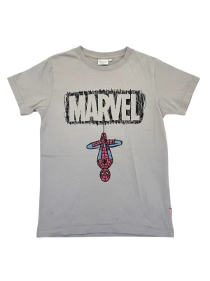 Grå Marvel t-shirt med Spiderman 140 - Grå t-shirt med tryck av Marvel-loggan och en tecknad Spiderman som hänger upp och ner. Klassisk passform och rund halsringning. Perfekt för dig som gillar superhjältar och vill ha en cool vardagsstil.