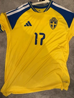 Sverige fotbollströja Gyökeres 17 - Gul och blå Sverige fotbollströja från Adidas med nummer 17 och namnet Gyökeres på ryggen. Tröjan har blå detaljer på axlarna, broderad landslagssköld och Adidas-logga framtill. Tillverkad i lätt och ventilerande material med Climalite-teknologi.