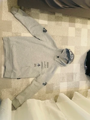 Grå hoodie från Hoodrich med tryck - Säljer en grå hoodie från Hoodrich med flera coola tryck på bröstet och ena ärmen, bland annat texten '7x Champion' och siffran 14. Hoodien har huva och en stor magficka. Perfekt för en avslappnad streetwear-look.