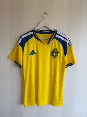Svensk landslagströja Adidas gul/blå - Gul och blå fotbollströja från Adidas med Sveriges landslagsemblem på bröstet. Tröjan har korta ärmar, blå detaljer på axlar och ärmslut samt vita ränder på axlarna. Tillverkad i funktionsmaterial, perfekt för träning eller match.