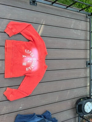 Röd sweatshirt från Zara - Cool röd sweatshirt från Zara med trycket 'Aspen Mountain' i vitt framtill. Tröjan har rund hals, långa ärmar och ribbade muddar vid ärmslut och nederkant. Perfekt för en avslappnad och sportig look.