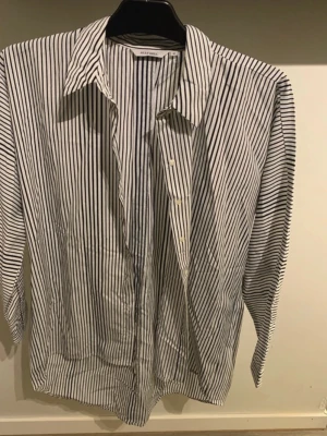 Randig skjorta från Ally Bell - Säljer en klassisk vit skjorta med svarta vertikala ränder från Ally Bell i storlek M. Skjortan har lång ärm, krage och knäppning framtill. Perfekt för en clean och stilren look.