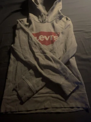 Grå Levi's hoodie med logga XS - Säljer en grå hoodie från Levi's i storlek XS. Hoodien har en klassisk röd Levi's-logga på bröstet, huva med dragsko och långa ärmar med muddar. Tillverkad i mjukt bomullsmaterial som är skönt att ha på sig.