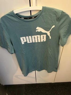 Blå Puma t-shirt med logga - Snygg blå t-shirt från Puma med stor vit logga och text på bröstet. Klassisk rund halsringning och korta ärmar. Tillverkad i mjuk bomull som känns skön mot huden. Perfekt för dig som gillar sportiga och stilrena plagg.