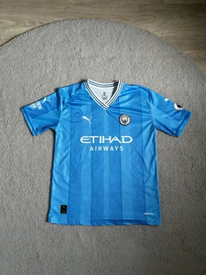 Manchester City matchtröja Puma blå - Manchester Citys officiella matchtröja  Puma med Haaland och nummer 9 på ryggen. Tröjan är ljusblå med tunna mörkblå ränder, har korta ärmar och V-ringad krage med vita detaljer. Den är XL men passar även L. Materialet är lätt och andas, perfekt för fotboll. Premier League-märke på ärmen.Aktiv 24/7✅ Skickas inom 24h📦🚚 Kan gå ner i hugget 😃✅ Hör av er via frågor⁉️