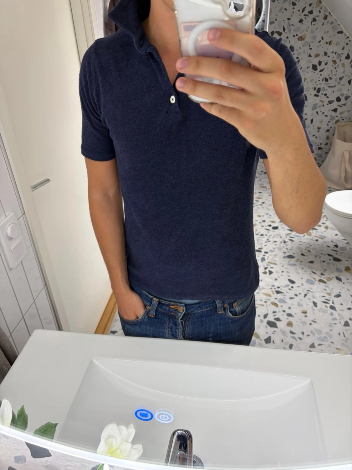 Mörkblå frotté pikétröja från Stenströms  - 2