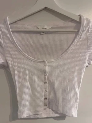 Topp - Vit croppad topp med ribbad struktur och knappar framtill. Toppen har korta ärmar och en rundad urringning