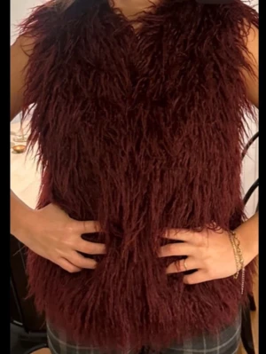 Vinröd fluffig pälsväst - Säljer en vinröd pälsväst med lång, fluffig fuskpäls och rak passform. Västen är ärmlös och har en cool, trendig look som passar perfekt till lager-på-lager-stil. Materialet är syntetiskt och ger en lyxig känsla. Barnstorlek men passar mig som bär S