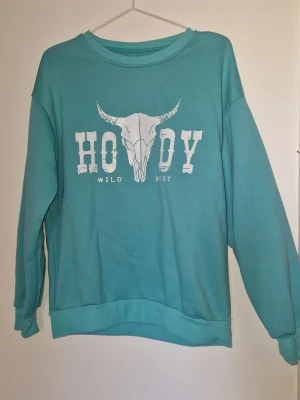 Sweatshirt - Cool turkos sweatshirt med trycket 'Howdy Wild West' och en stor tjurskalle på bröstet. Tröjan har rund hals, långa ärmar och ribbade muddar. Perfekt för dig som gillar westernstil och vill ha en avslappnad look. Små fläckar finns som är obehandlade-se sista bild.