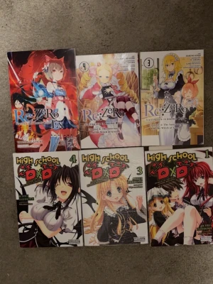 Manga: Re:Zero & High School DxD - Säljer sex manga-volymer: tre från Re:Zero och tre från High School DxD. Böckerna har färgglada omslag med animekaraktärer och är på engelska. Perfekt för dig som gillar fantasy, action och äventyr med snygga illustrationer och spännande berättelser. Alla förutom re:zero vol 3 &4 är I novellformat med har några bilder också
