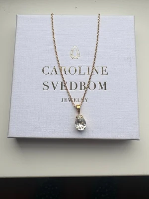 Caroline Svedbom halsband med kristall - Säljer dettahalsband från Caroline Svedbom med en tunn guldfärgad kedja och ett droppformat kristallhänge. Perfekt för att ge din outfit lite extra bling. Säljer då den aldrig kommer till användning, använd men fint skick!