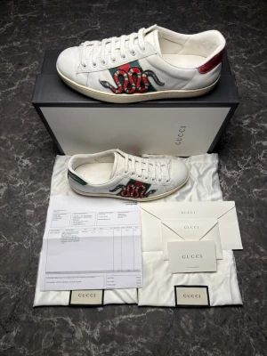 Gucci ace + kvitto - Säljer ett par otroligt snygga skor från det exklusiva märket Gucci! Skorna är i mycket bra skick, skulle säga ungefär 9/10 och säljs i befintlig skick. Nypris ligger på över 8000kronor men vi säljer våra för endast 2199 och kan gå ner i pris ännu mer vid snabb affär! Skorna är i storlek 41 och är true to size. Skriv gärna ifall det är några funderingar, allt bästa SkoKapet