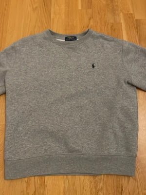 Grå sweatshirt från Polo Ralph Lauren - Klassisk grå sweatshirt från Polo Ralph Lauren med rund halsringning och diskret broderad logga på bröstet. Tröjan har ribbade muddar vid ärmslut och nederkant, perfekt för en avslappnad och stilren look.