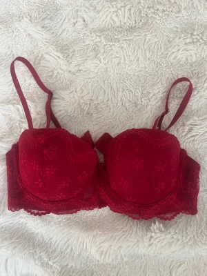 Röd spets-pushup bh med blommönster - Säljer en jätte fin pushup bh med fina blomdetaljer i en jätte fin röd färg. Helt oanvänd och säljer pga att jag beställde fel storlek och inte kunde retunera den.