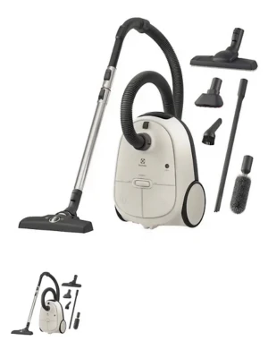Electrolux vit dammsugare med tillbehör - Säljer en vit dammsugare från Electrolux med flera munstycken och borsttillbehör. Dammsugaren har en klassisk cylinderform, svart slang och handtag i metall. Perfekt för att hålla rent hemma och kommer med olika munstycken för olika ytor. Köptes i september 2025 knappt använd, ordinarie pris 2299kr