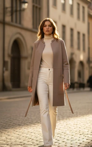 Beige minimalistisk kappa från H&M - Stilren beige kappa från H&M med rak passform och stora fickor framtill. Kappan har ett enkelt, öppet snitt utan krage och är tillverkad i ett mjukt material som ger en modern look. Perfekt för att skapa en clean och trendig outfit.