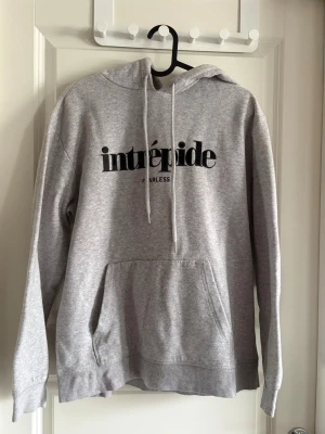 Grå hoodie med tryck - Snygg grå hoodie från h&m med svart texttryck på bröstet och ordet 'fearless' under. Hoodien har stor känguruficka framtill, justerbar huva med vita snören och ribbade muddar vid ärmar och nederkant. Perfekt för en chill och avslappnad stil.
