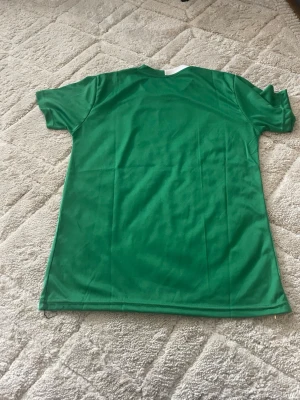 Grön fotbollströja med tryck - Säljer en grön fotbollströja med vita och svarta detaljer samt tryck på bröstet och magen. Tröjan har korta ärmar och rund hals. Materialet är troligtvis polyester, perfekt för träning eller match.