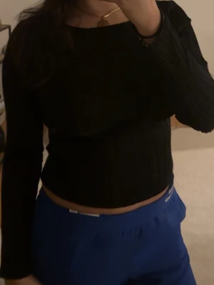 Svart ribbad croppad topp - Snygg svart croppad topp med lång ärm och ribbad struktur. Toppen har en enkel, stilren design och sitter tight mot kroppen. Perfekt att matcha med höga byxor eller kjol.