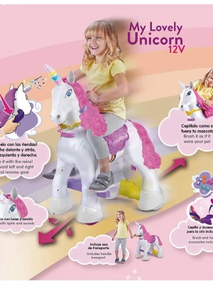Elektrisk enhörning My Lovely Unicorn - Säljer en elektrisk enhörning från Feber, modell My Lovely Unicorn 12V. Enhörningen är vit med rosa man och svans, lila sadel och regnbågsfärgat horn. Den har ljus- och ljudeffekter, tygdetaljer och kan styras med tyglar. Passar barn från 3 år. Som ny, använd två gånger och endast inomhus.
