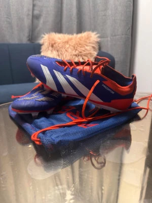 Elite Adidas Predator fotbollsskor - Säljer ett par blåa Adidas Predator fotbollsskor med vita ränder och röda detaljer. Skorna har snörning i rött och är tillverkade i syntetmaterial för bra grepp på planen. Kommer med en blå förvaringspåse med röd logga. Perfekta för dig som vill sticka ut på planen. Storlek 44.5