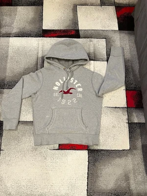 Hollister hoodie  - Snygg grå hoodie från Hollister med vit och röd logga på bröstet |Riktigt Archive|perfekt vibe | 53 cm armhåla till armhåla|längd 65cm |hör av dig om du har frågor eller funderingar!🤩