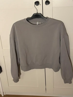 Grå croppad sweatshirt från H&M - En stilren grå croppad sweatshirt från H&M med rund halsringning och långa ärmar. Tröjan har en relaxed fit och ribbade muddar vid ärmslut och nederkant. Perfekt för en chill och avslappnad look.