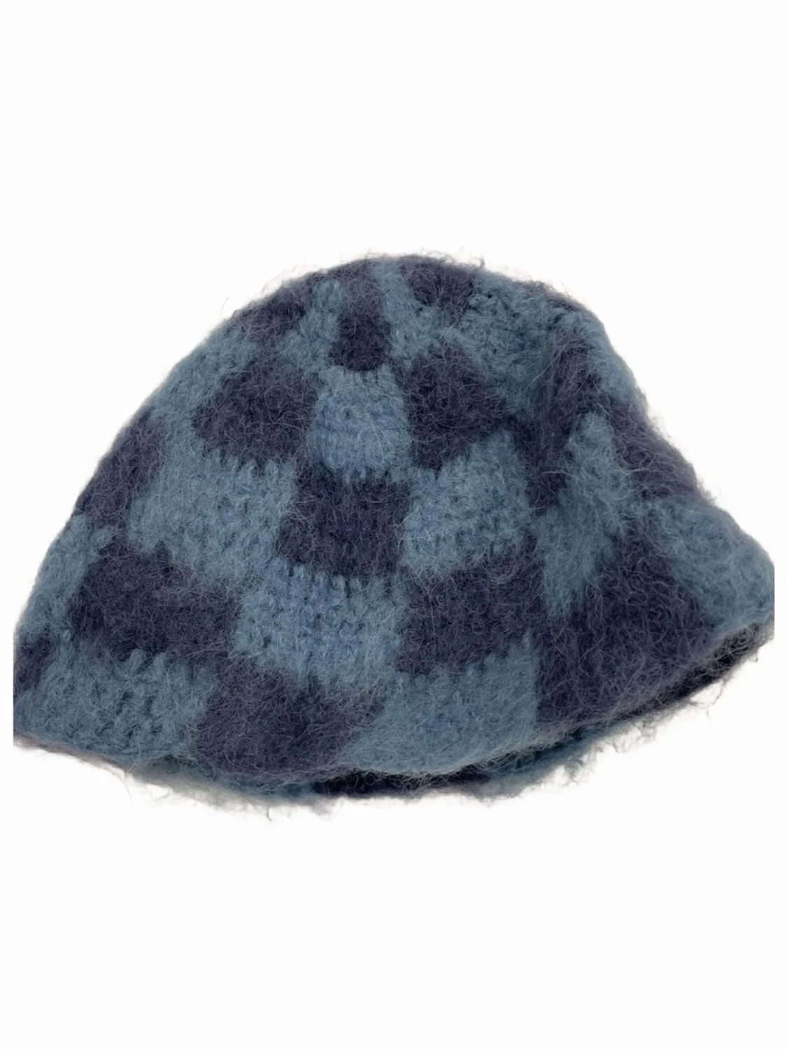 Blå-rutig stickad mössa