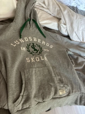 Grå hoodie Lundsbergs Skola - Säljer en grå hoodie från Lundsbergs Skola med gröna snören i huvan och tryck framtill med texten 'Lundsbergs Skola 1896' samt ett grönt emblem. Hoodien har känguruficka och ribbade muddar. Perfekt för dig som gillar klassisk collegestil. Passar M och S enligt min mening. Jag är 182.