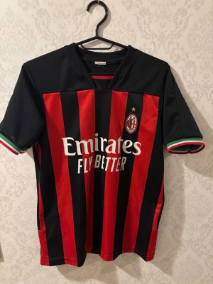 AC Milan matctröja - Snygg AC Milan matchtröja med svarta och röda ränder, klubbmärke på bröstet och sponsortryck. På ryggen står R. Leão och nummer 17. Ärmarna har italienska flaggans färger. Perfekt för fotbollsfans!