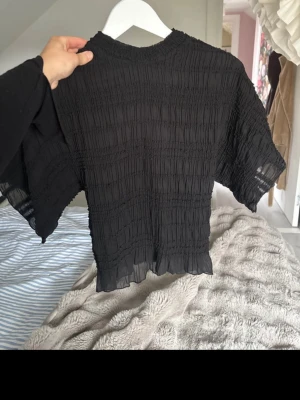 Svart transparent topp med struktur - Säljer en svart  topp med korta, vida ärmar och rynkad struktur i tyget. Använd en gång😊