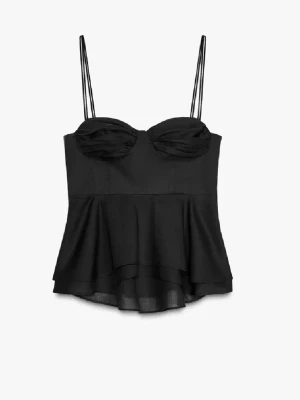 Svart linnetopp med volang - mycket efterfrågad men säljs inte längre!!🥰 passar xs-m men storleken är M, ganska liten i storleken🩵 perfekt till sommar/vår🥰 passar bra till allt! Vardagligt, fest m.m