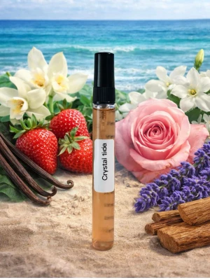 Crystal Tide parfym med blommiga toner - Crystal Tide parfym i en smal glasflaska med svart spraykork. Doften har inslag av jordgubbe, ros, vanilj, lavendel och sandelträ, vilket ger en fräsch och blommig känsla. Perfekt för dig som gillar söta och fruktiga parfymer.