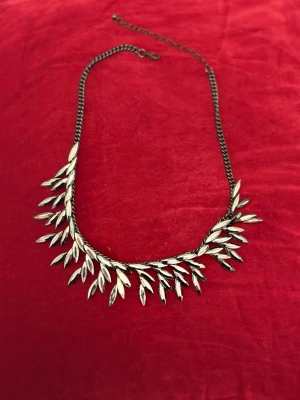 Silvrigt halsband med bladformade detaljer - Snyggt halsband i silverfärgad metall med bladformade detaljer som ger en unik och trendig look. Kedjan är tunn och justerbar, och bladen har en glansig finish som fångar ljuset. Perfekt accessoar för att lyfta vilken outfit som helst.