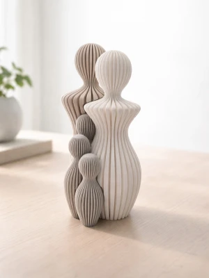 Modern dekorationsfigur familj 5 personer - Säljer en stilren dekorationsfigur i form av en familj med fyra abstrakta figurer. Skulpturen är gjord i offwhite, vit och grå toner med räfflad yta och mjuka, organiska former. Perfekt som inredningsdetalj för ett modernt hem.