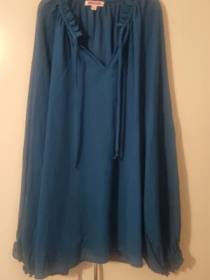 Blå långärmad blus från Indiska - Snygg blå blus från Indiska med v-ringning och knytband vid halsen. Blusen har långa, luftiga ärmar med rynkade muddar och är tillverkad i ett lätt och flödande material. Perfekt för dig som gillar en avslappnad och trendig stil.