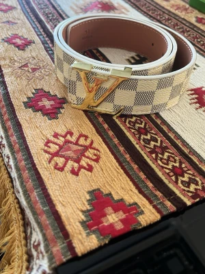 Rutig bälte  - Snyggt bälte från Louis med klassiskt rutigt mönster i beige och vitt. Bältet har ett guldfärgat spänne och är gjort i skinn. Perfekt accessoar för att lyfta din outfit.