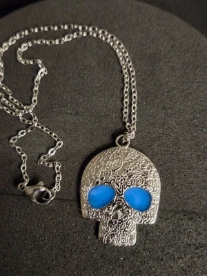 Halsband med dödskalle och blå ögon i rostfritt stål  - Unikt halsband i rostfritt stål med ett dödskallehänge som har detaljerade mönster och två lysande blå ögon, som också är i rostfritt stål. Kedjan är tunn och smidig, och hänget har en cool, nästan mystisk vibe. Perfekt för dig som gillar statement-smycken och vill sticka ut.