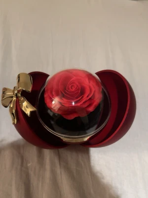 Röd smyckesask med ros och spegel - Helt ny och unik smyckesask i form av en röd kula med guldfärgad rosett. Asken har en inbyggd spegel och en konstgjord röd ros under en glaskupa. Perfekt för att förvara småsaker eller som dekorativ present. Man kan även förvara en ring i den.   Finns att hämta i Malmö men kan även frakta!