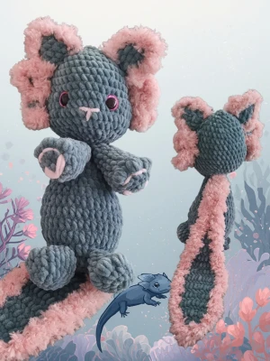 Virkad blå och rosa drakleksak - Unik  handgjord axelott virkadl  i mjukt sammetsgarn . Draken är blågrön med fluffiga rosa detaljer på öron, tassar och svans. Den har stora öron, rosa ögon och en lång svans med rosa kant. Perfekt som dekoration eller gosedjur. Mäter ca 50cm från huvud till svans.