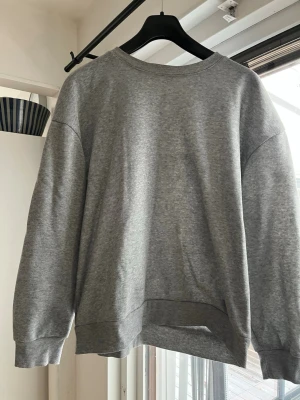 Grå sweatshirt med hundmotiv - En stilren grå sweatshirt i mjukt material med ett svart minimalistiskt tryck av en hund och en hand på ryggen. Tröjan har rund halsringning, långa ärmar och ribbade muddar vid ärmslut och nederkant. Perfekt för dig som gillar enkel design med en twist.