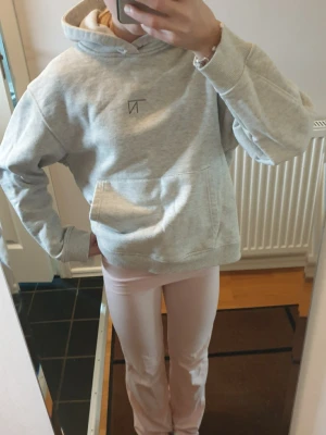 Ljusgrå hoodie  - Säljer en ljusgrå hoodie från NA-KD med en stilren, liten svart logga på bröstet. Hoodien har huva, magficka och ribbade muddar vid ärmslut och nederkant. Perfekt för en chill och avslappnad look.